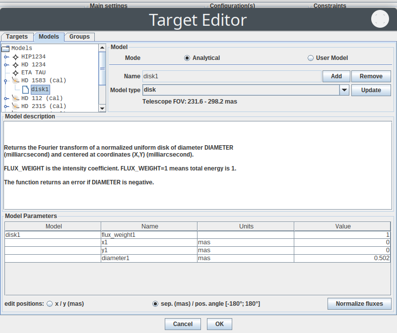 Model editor with science and calibrator targets