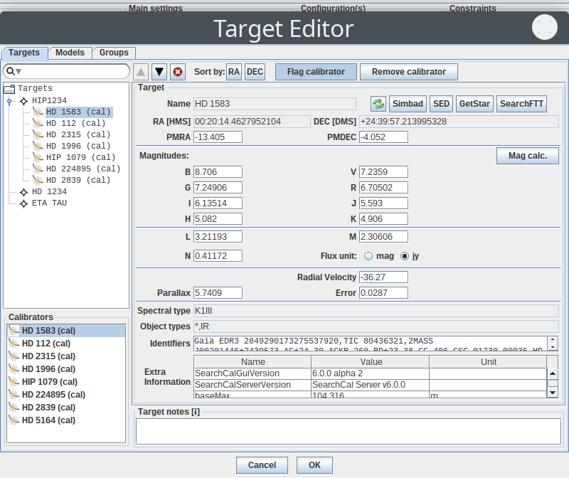 Target editor with science and calibrator targets